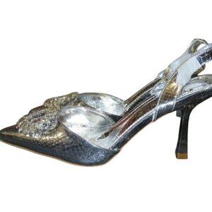 Simmi London Wide Fit Becki embellished sling back heels silver metallic croc 8